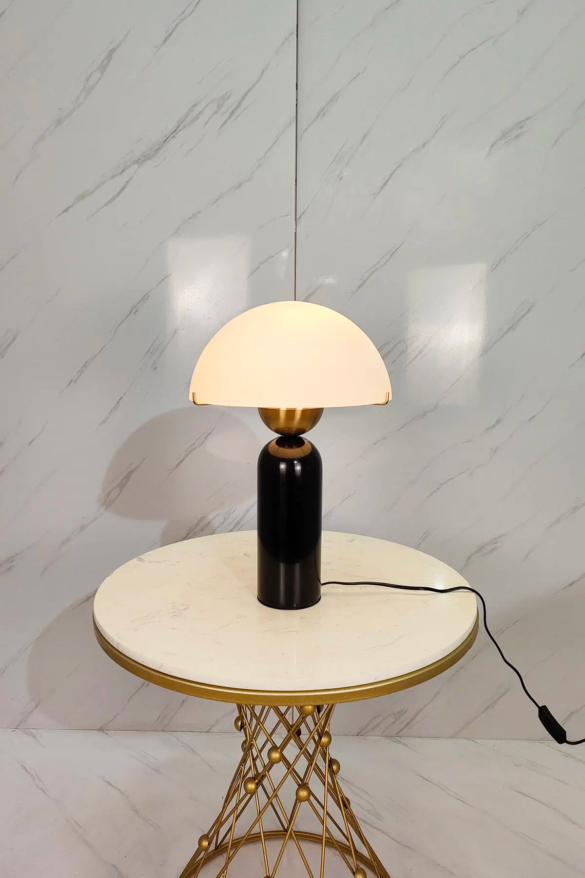Matt Cream Dome Table Lamp, Brass Ring Collar on a Green Marble Base, Bedside, Console and Living Room Corner