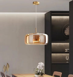 Amber Glass Drum Cluster Pendant Light, Three Light, Brushed Brass Diffuser Disc, Kitchen Island & Dining Table