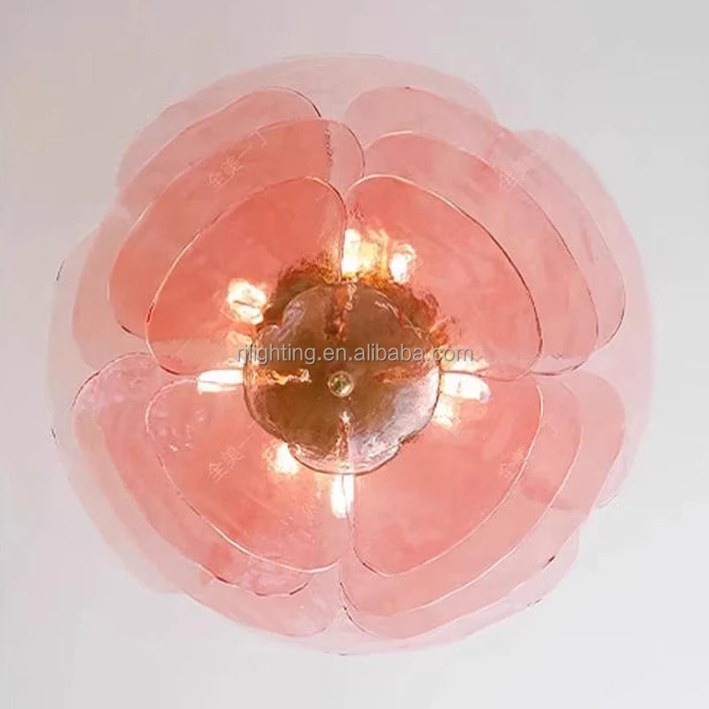 Sculptural Clear Textured Glass Petal Cluster Chandelier, Layered Radiating Panels, Brass Stem, Dining Room & Stairwell