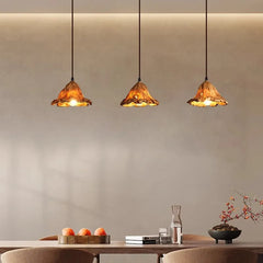Ochre Textured Fabric Cone Pendant Light, Three-Shade Cluster, Rustic Mountain Silhouette, Dining Table & Hallway