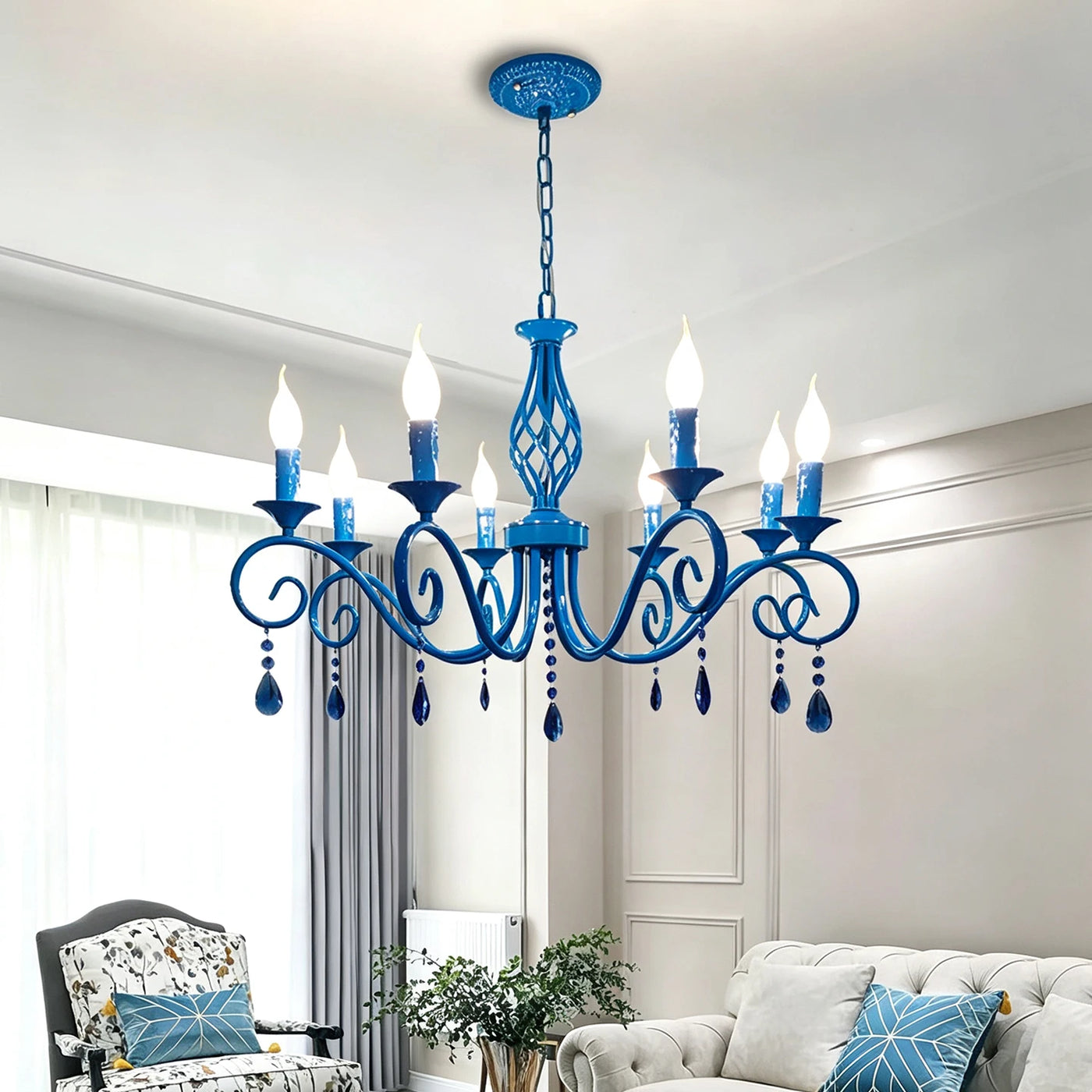Faceted Crystal Branch Chandelier, Blue Finish, 8 Scrolled Candle Arms, 72 x 72 x 98cm, Dining Room & Living Room