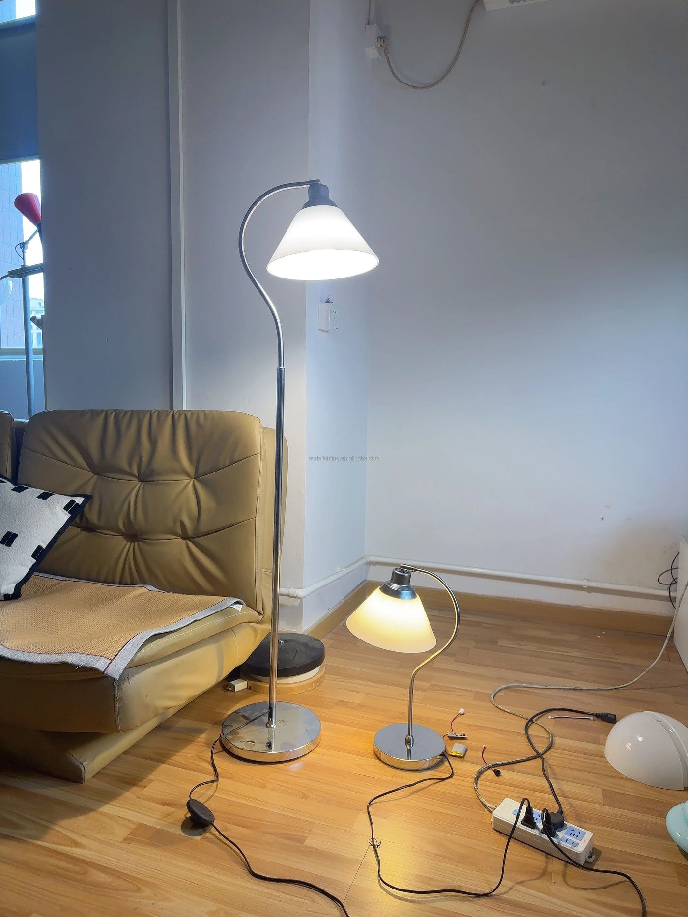 Brushed Nickel Gooseneck Floor Lamp, Cream Cone Shade, Curved Arm On A Round Base, Bedroom, Bedside & Reading Corner