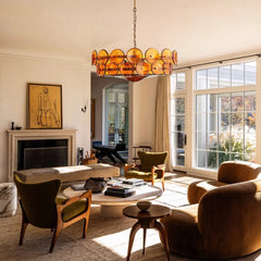 Textured Amber Glass Drum Chandelier, Layered Overlapping Discs, Brass Pin Detail, Integrated LED, Bedroom & Living Room