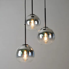 Mirrored Glass Globe Pendant Light, Grey Ombre Finish, 15cm Diameter, Black Cable, Bulb Not Included, Dining Table and Kitchen
