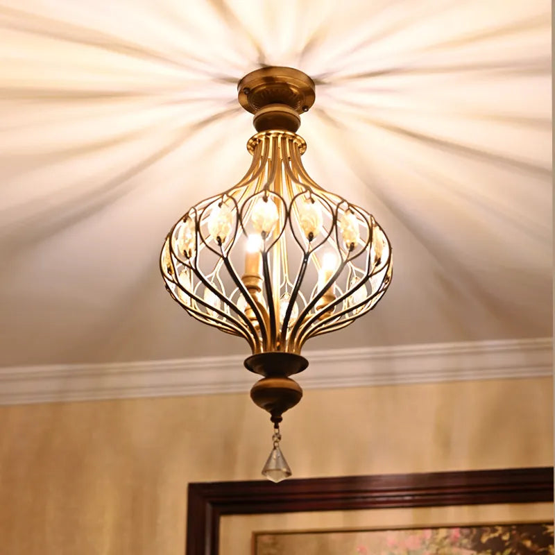 Bronze Metal Lantern Chandelier, 50cm, Scrolled Frame with Amber Crystal Drops, Wood Finial, Dining Room and Stairwell