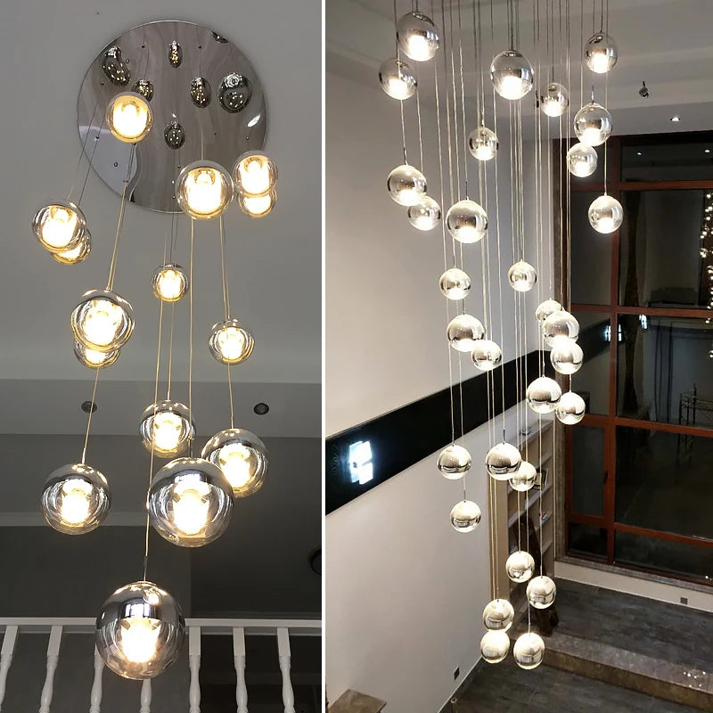 Mirrored Glass Sphere Cluster Pendant Light, Chrome Finish, 15-Light Staggered Drop, 60cm Diameter, 250cm Drop, Stairwell & Hallway