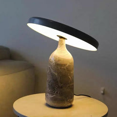 White Marble Column Table Lamp, Grey Angled Disc Shade, Brass Collar, Touch Control, Battery Powered, Bedside & Console