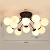 Opal Glass Globe Burst Semi Flush Ceiling Light, 12 Globes on Matt Black Branching Arms, Wide Arm Spread, Living Room, Bedroom & Hallway