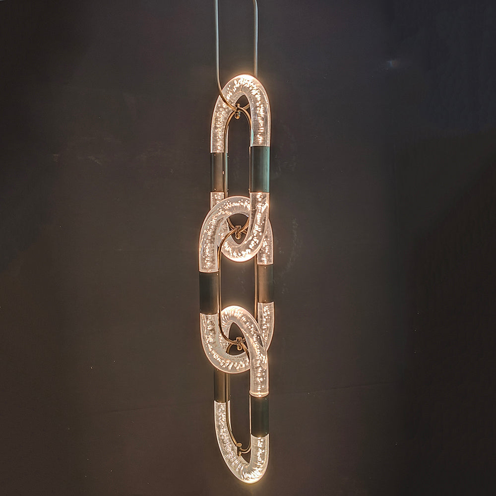 Seeded Acrylic Tiered Ring Pendant Light, Antique Brass Connectors, Four Linked Chain Rings, Integrated LED, Dining Room, Stairwell & Hallway