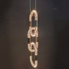 Seeded Acrylic Tiered Ring Pendant Light, Antique Brass Connectors, Four Linked Chain Rings, Integrated LED, Dining Room, Stairwell & Hallway