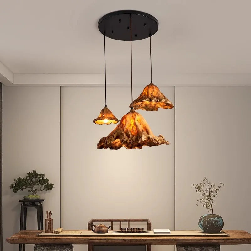 Ochre Textured Fabric Cone Pendant Light, Three-Shade Cluster, Rustic Mountain Silhouette, Dining Table & Hallway