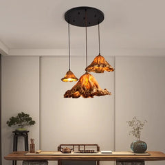 Ochre Textured Fabric Cone Pendant Light, Three-Shade Cluster, Rustic Mountain Silhouette, Dining Table & Hallway