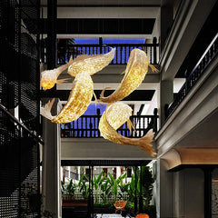 Textured Wood Koi Fish Pendant Light, Layered Sculptural Form, Integrated LED, 250cm Drop, Stairwell, Hallway & Dining Room