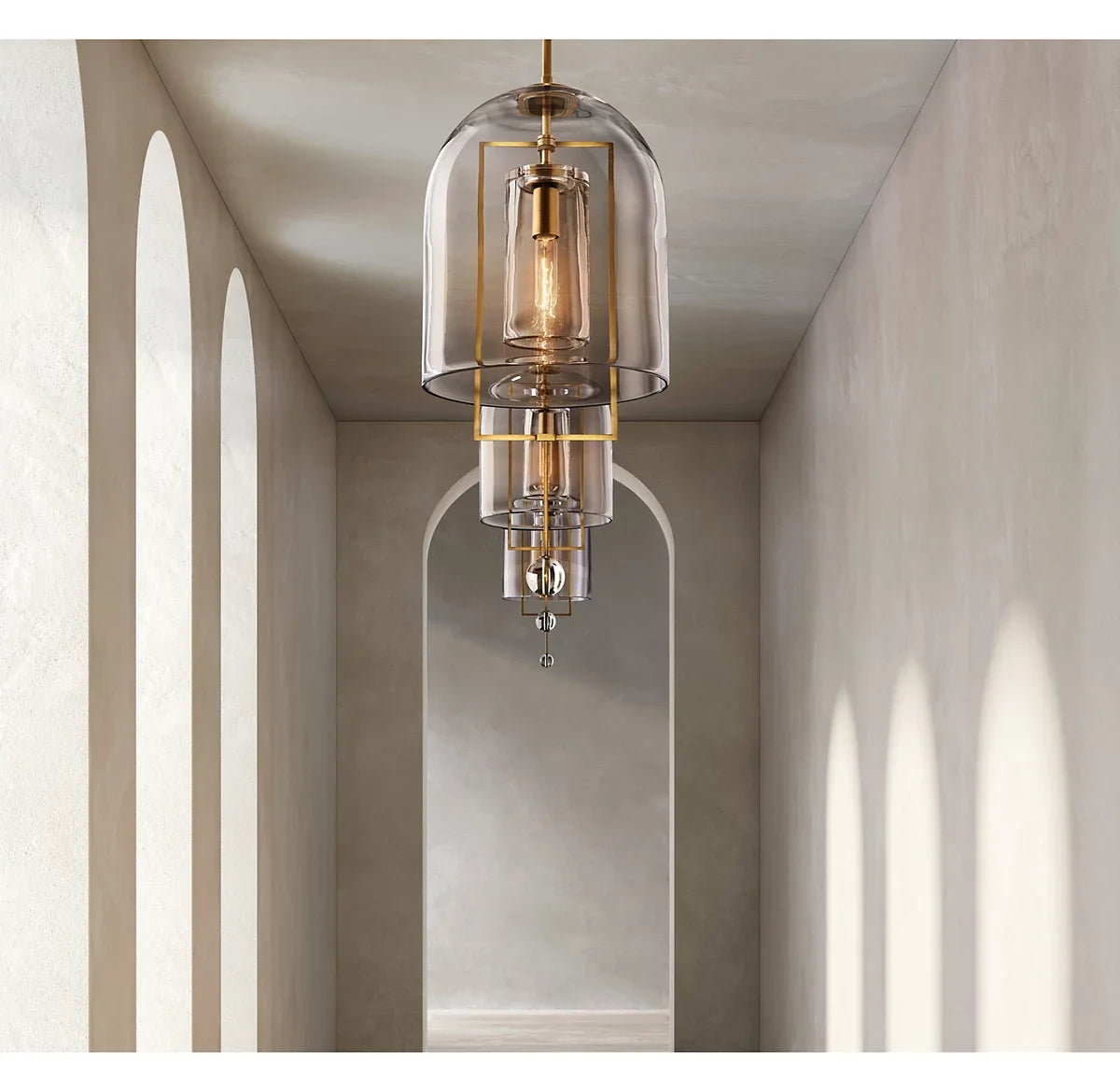 Clear Glass Bell Pendant Light, Vintage Brass Rectangle Frame, 13" Dome, Exposed Filament Bulb, Hallway, Dining Table & Living Room