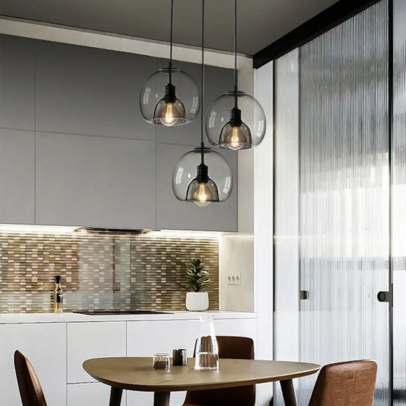 Amber Glass Globe Pendant Light, 3 Light Disc Cluster, Matt Black Disc, Staggered Drop, Dining Table & Kitchen Island
