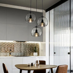 Amber Glass Globe Pendant Light, 3 Light Disc Cluster, Matt Black Disc, Staggered Drop, Dining Table & Kitchen Island