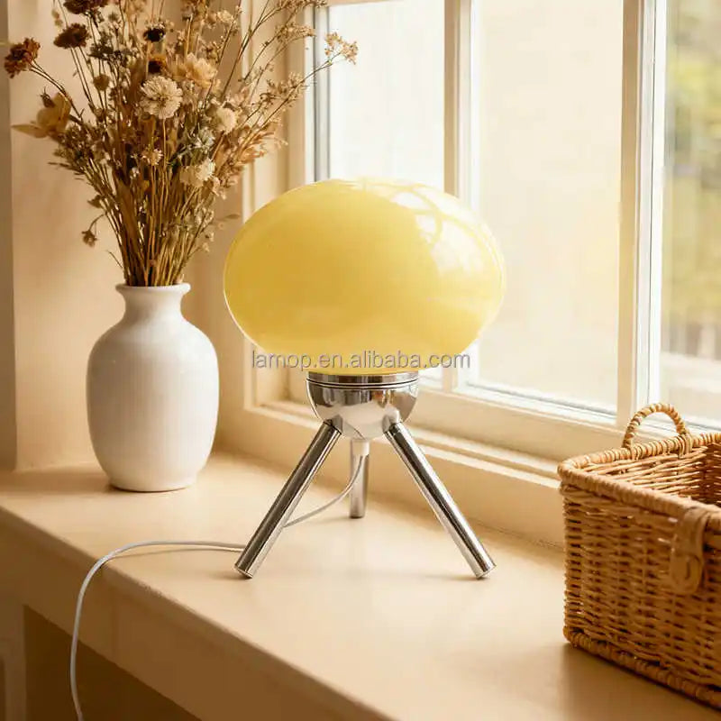 Glossy Yellow Ellipse Glass Table Lamp, Splayed Chrome Tripod Base, No Separate Shade, Bedside & Living Room Accent Piece