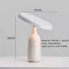 White Marble Column Table Lamp, White Angled Disc Shade, Brass Collar, Touch Control, Battery Powered, Bedside & Console