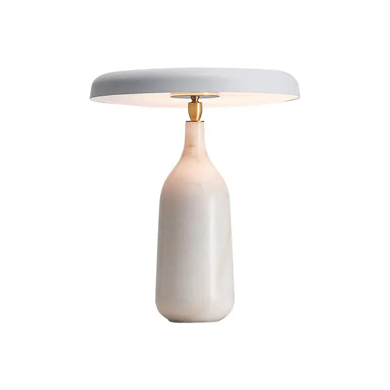 White Marble Column Table Lamp, Grey Angled Disc Shade, Brass Collar, Touch Control, Battery Powered, Bedside & Console
