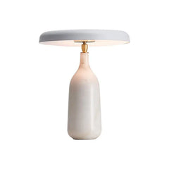 White Marble Column Table Lamp, Grey Angled Disc Shade, Brass Collar, Touch Control, Battery Powered, Bedside & Console