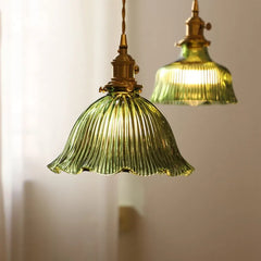 Fluted Green Glass Bell Pendant Light, Scalloped Floral Edge on a Brass Fitting, Bulb Not Included, Bedside & Living Room
