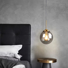 Single Head Glass Globe Pendant Light in Smoked, Brass Stem, Bulb Not Included, Dining Table & Kitchen Island