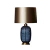 Textured Blue Glass Teardrop Table Lamp, Bronze Satin Drum Shade, Brass Collar & Foot, H63*D36cm, Bedside & Living Room