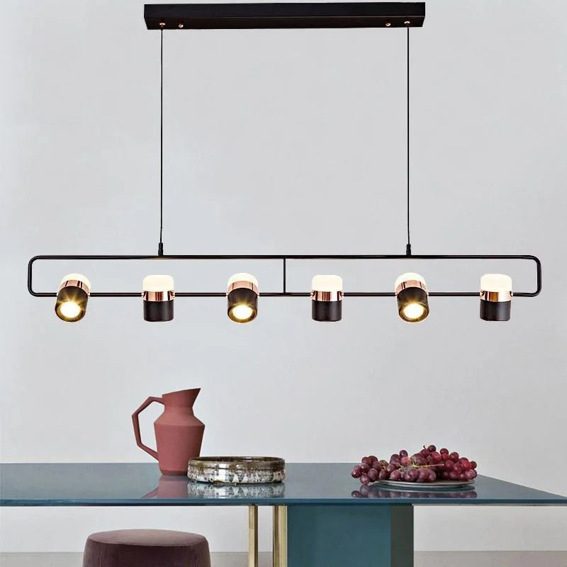 Matt Black Linear Bar Pendant Light, 4 Rotatable Spotlight Heads, Brushed Gold Trim Rings, Kitchen Island & Dining Table