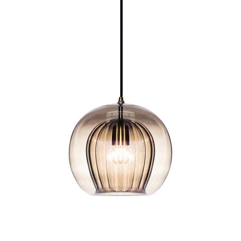 Ribbed Amber Smoked Glass Globe Pendant Light, Brass Cap on Braided Cable, 20cm, Bulb Not Included, Kitchen Island, Dining Table & Bedside