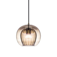 Ribbed Amber Smoked Glass Globe Pendant Light, Brass Cap on Braided Cable, 20cm, Bulb Not Included, Kitchen Island, Dining Table & Bedside