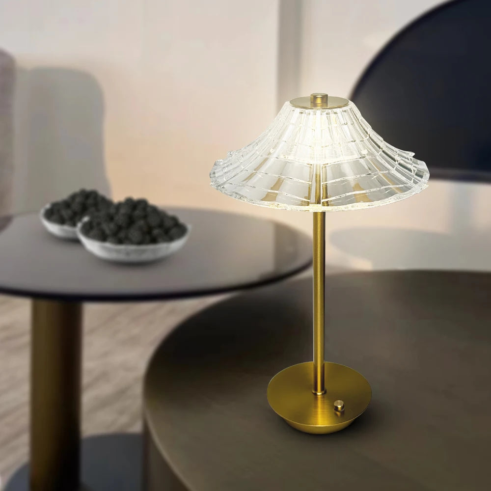 Ribbed Crystal Dome Table Lamp, Brass Stem and Base, Rechargeable Cordless Touch Control, Bedside, Console & Patio