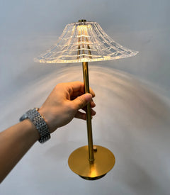Ribbed Crystal Dome Table Lamp, Brass Stem and Base, Rechargeable Cordless Touch Control, Bedside, Console & Patio