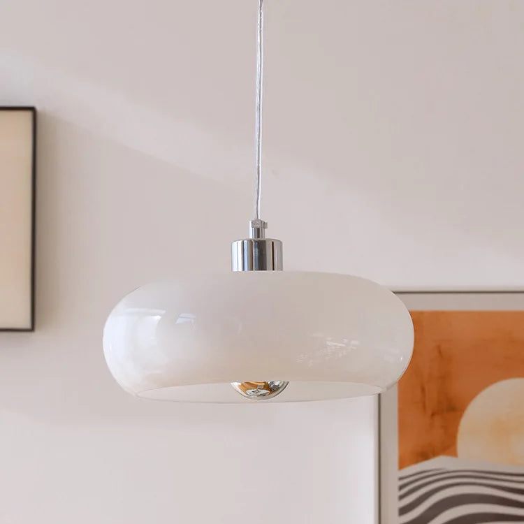 Glossy Wine Red Glass Drum Pendant Light, Rounded Pebble Silhouette, Polished Chrome Fitting, Living Room & Bedroom