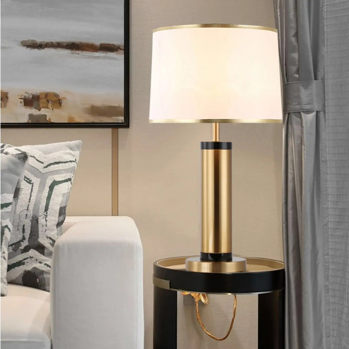 Fabric Drum Table Lamp, Gold Trimmed Cream Shade, Polished Brass Column Base, Self-Assembly Required, Living Room & Bedroom Dresser