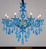 Blue Glass Branch Chandelier, 8 Candle Style Arms, Gold Fittings, Crystal Drops, With Fabric Shades, Dining and Living Room