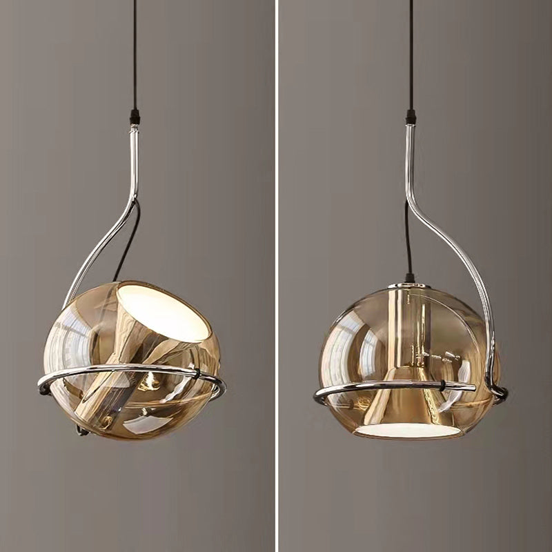 Smoked Amber Glass Globe Pendant Light, Set of 2, Curved Chrome Arm, Bulb Not Included, Kitchen Island, Dining Table & Bedside