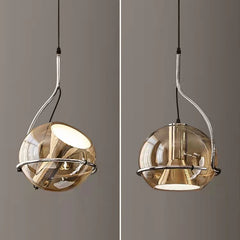 Smoked Amber Glass Globe Pendant Light, Set of 2, Curved Chrome Arm, Bulb Not Included, Kitchen Island, Dining Table & Bedside