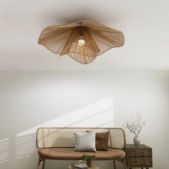 Woven Rattan Flower Flush Ceiling Light, 80cm Natural Petal Shade over an Integrated LED, Dining Room and Bedroom