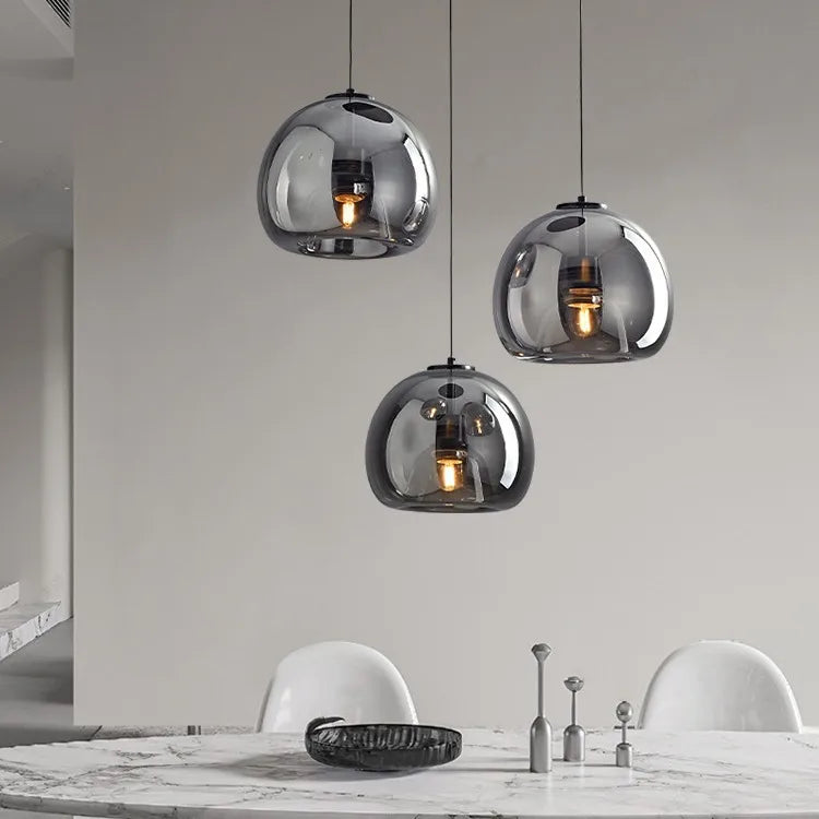Smoked Amber Glass Globe Cluster Pendant Light, 3 Ombre Spheres on Individual Cables, Dining Table & Kitchen Island