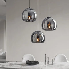 Smoked Amber Glass Globe Cluster Pendant Light, 3 Ombre Spheres on Individual Cables, Dining Table & Kitchen Island