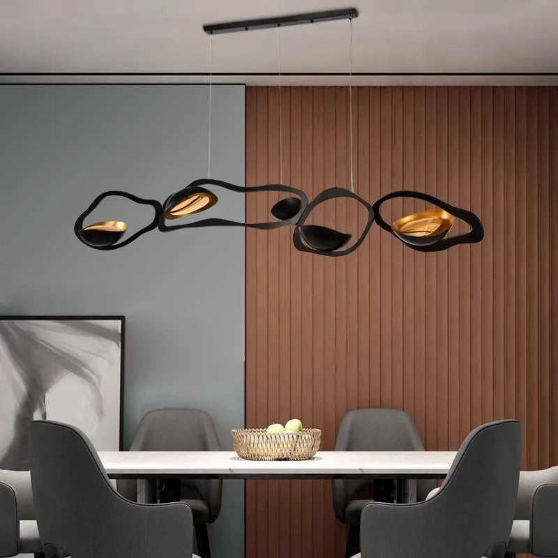 Matt Black Organic Ring Cluster Pendant Light, Brass Cup Accents, Linear Bar Mount, 200cm, Three Arrangements, Dining Table & Living Room
