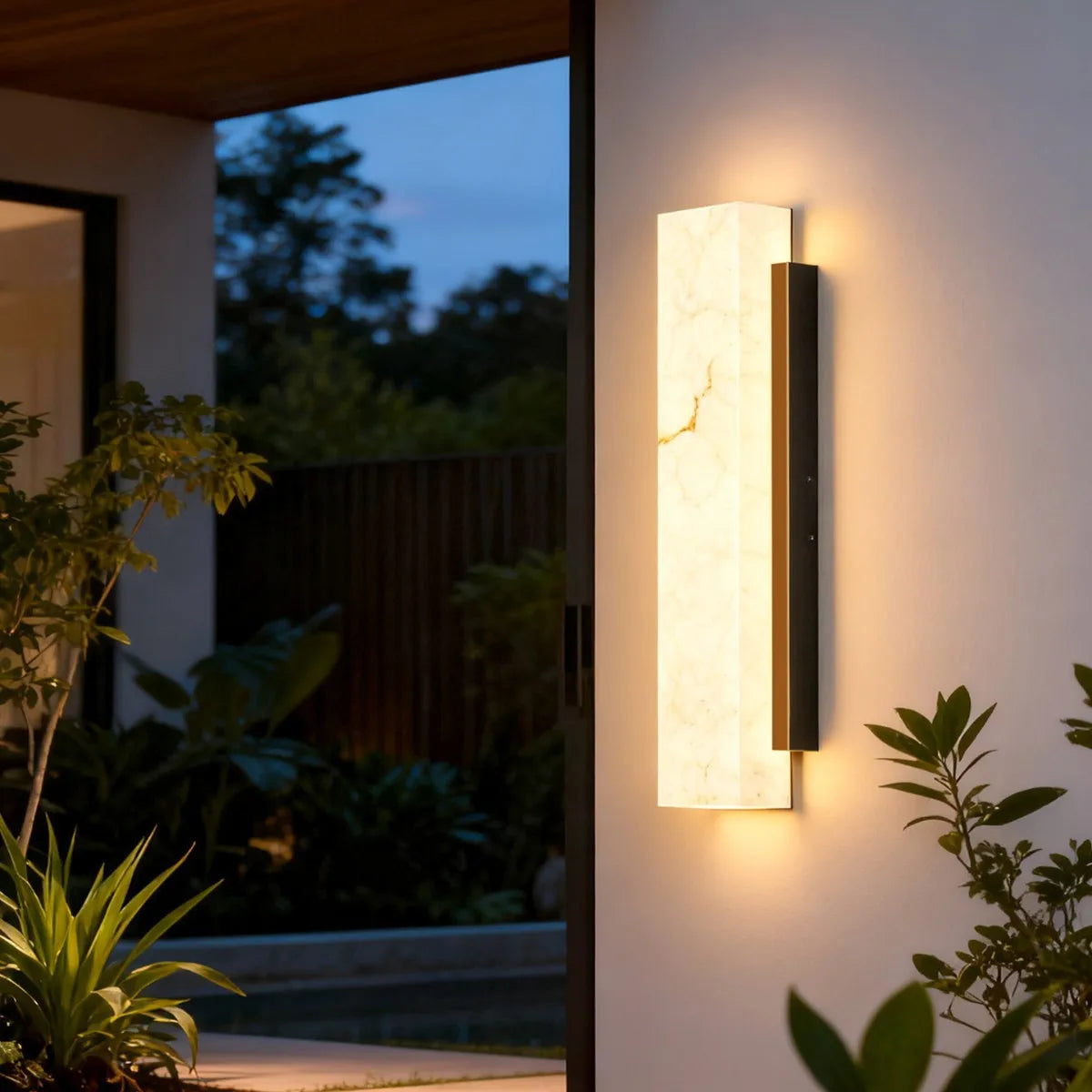 Natural Alabaster Panel Outdoor Wall Light, 60cm Height, Black Metal Spine, Integrated LED Glow, Porch & Garden