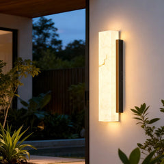 Natural Alabaster Panel Outdoor Wall Light, 60cm Height, Black Metal Spine, Integrated LED Glow, Porch & Garden