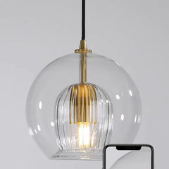 Ribbed Clear Glass Globe Pendant Light, Brass Cap on Braided Cable, 20cm, Bulb Not Included, Kitchen Island, Dining Table & Bedside