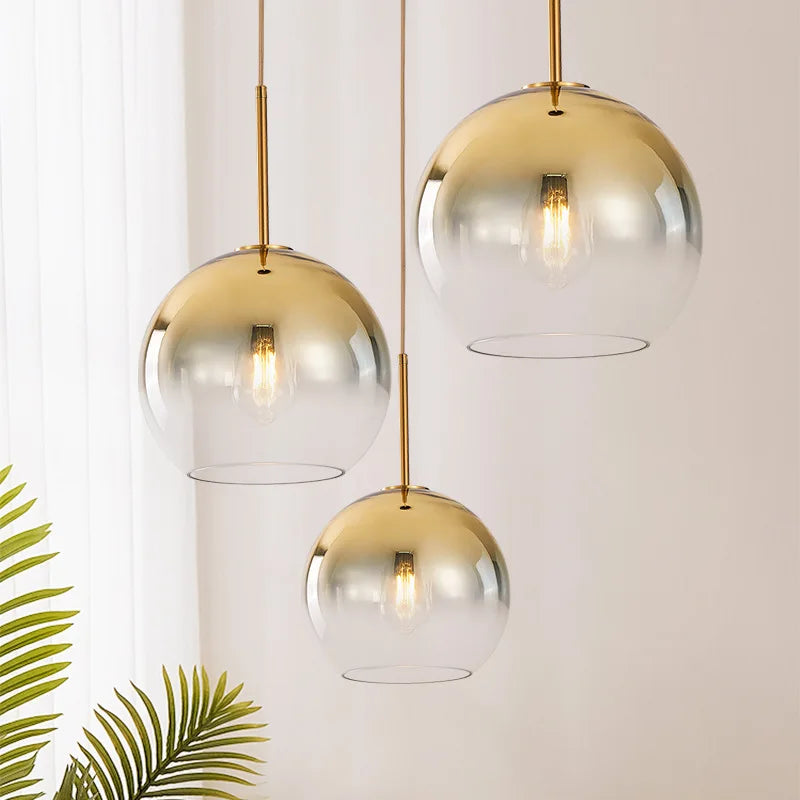 Clear Glass Globe Pendant Light, Brass Rod Suspension, Contemporary Style, Kitchen Island, Dining Table & Living Room