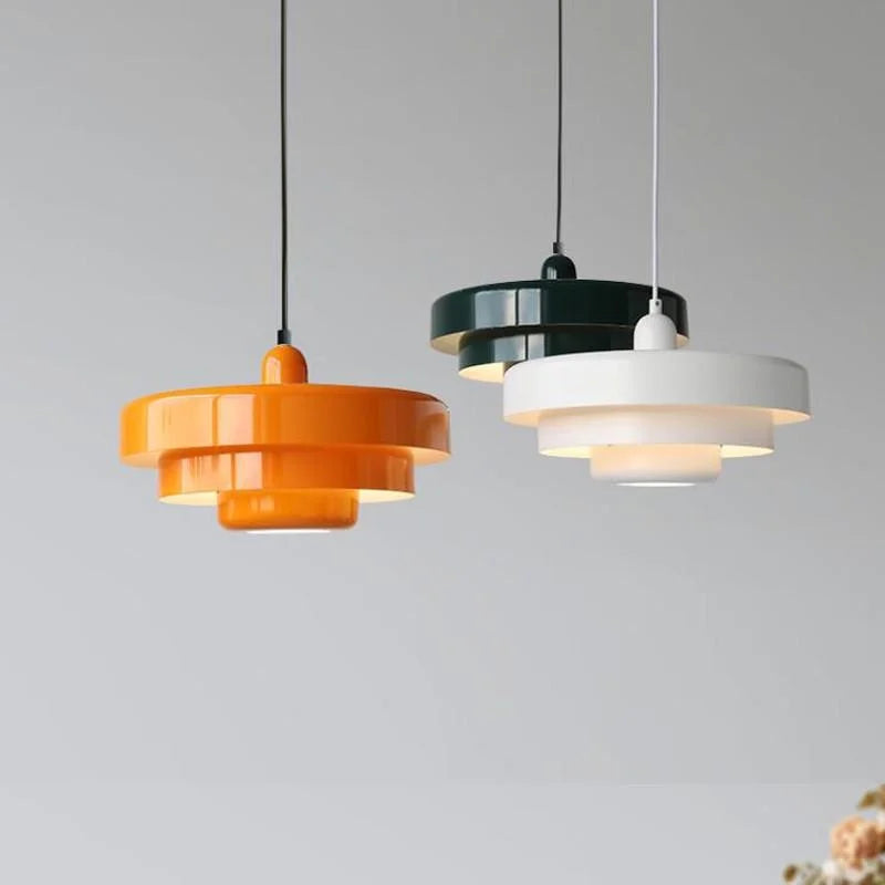 Glossy White Steel Tiered Pendant Light, Three Graduated Discs in a Lacquered Finish, Bulb Not Included, Dining & Kitchen