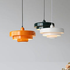 Glossy White Steel Tiered Pendant Light, Three Graduated Discs in a Lacquered Finish, Bulb Not Included, Dining & Kitchen