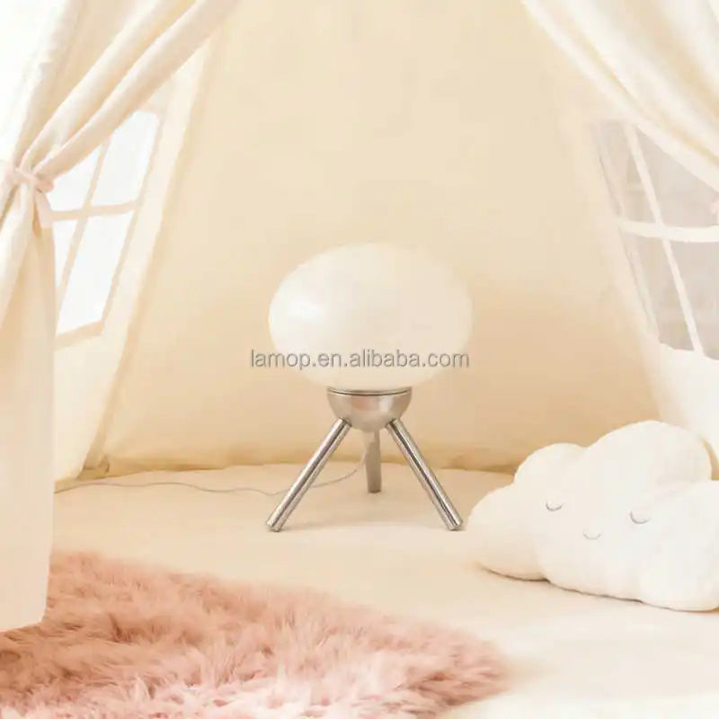 Glossy White Ellipse Glass Table Lamp, Splayed Chrome Tripod Base, No Separate Shade, Bedside & Living Room Accent Piece