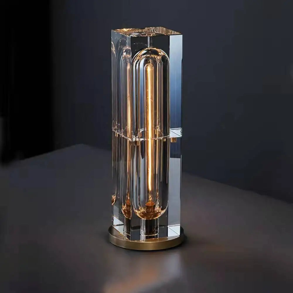 Clear Crystal Column Table Lamp, Faceted Glass with a Visible Filament Tube, Round Brass Base, Bedside & Console