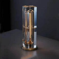 Clear Crystal Column Table Lamp, Faceted Glass with a Visible Filament Tube, Round Brass Base, Bedside & Console